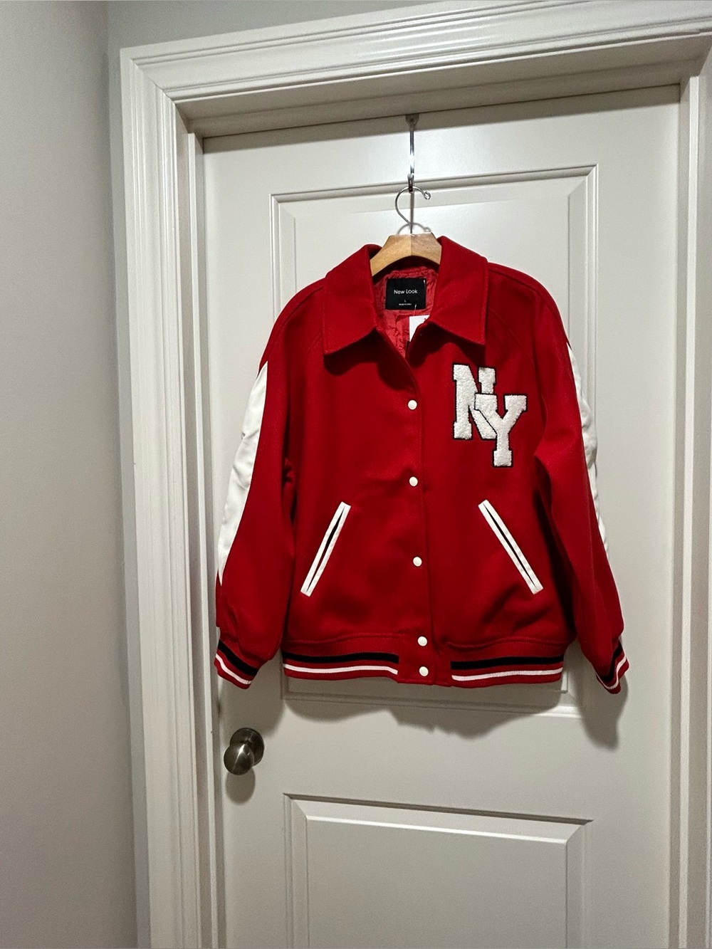 Forever 21 Red & White womens size L NY Varsity Jacket with White Accents NWT